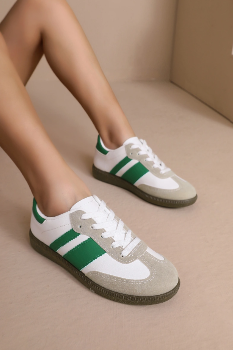 Women's Casual Green Faux Suede Lace Up Contrast Panels Soft Sole Trainer Sneakers