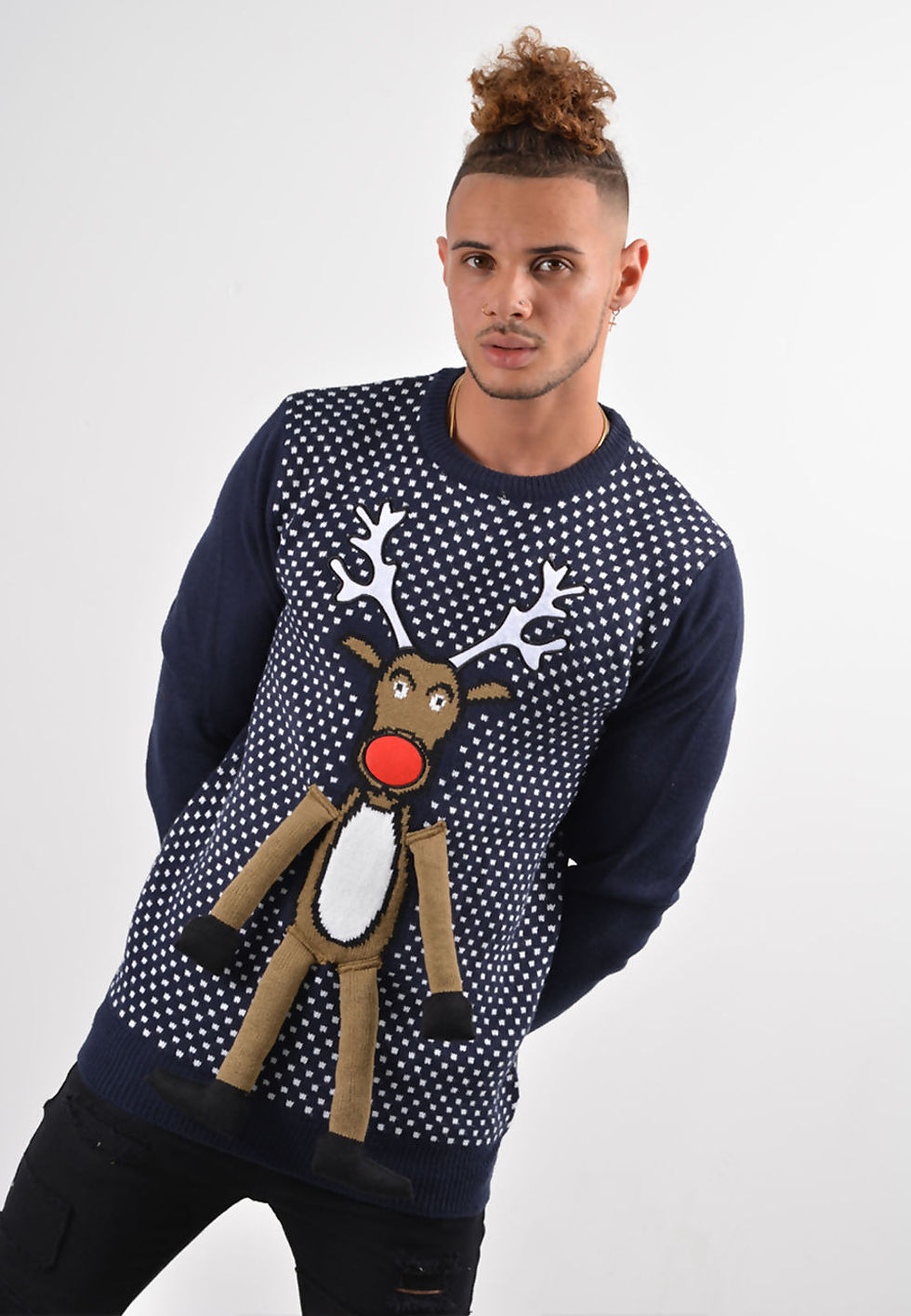 Men's Navy Rudolf the Red Nosed Reindeer Xmas Festive Jumper.