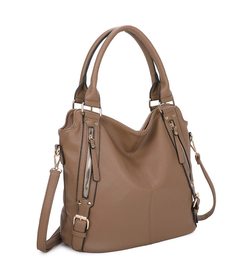 Charcoal Fashion Women's Brown Zip Details Soft Leather Look Shoulder Tote Bag