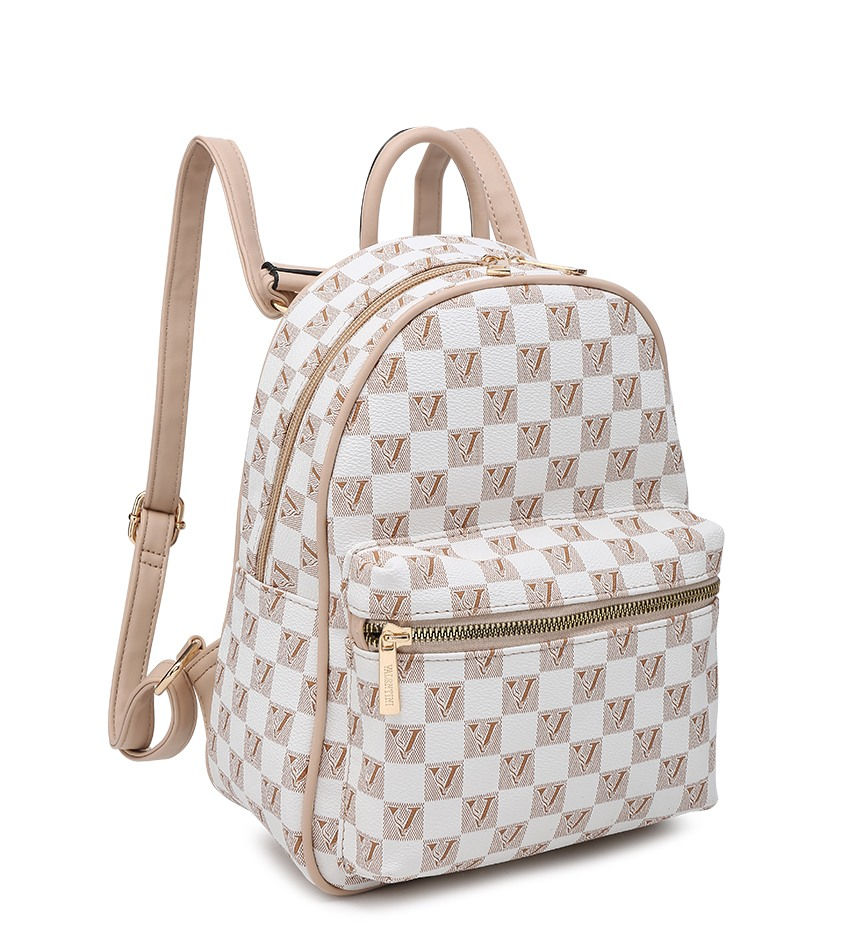 Charcoal Fashion Women's Beige Check Leather Look PU Zip Pockets Shoulder Straps Backpack