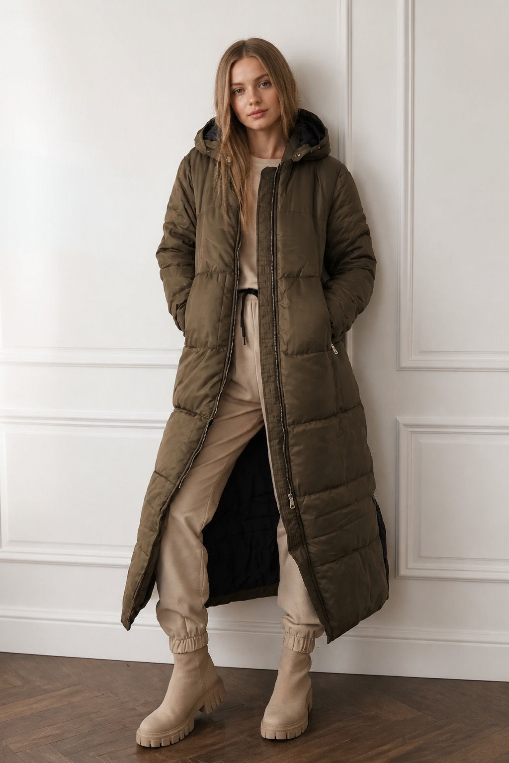 Charcoal Fashion Women's Khaki Casual Water Repellent Oversized Quilted Maxi Hooded Duvet Puffer Coat