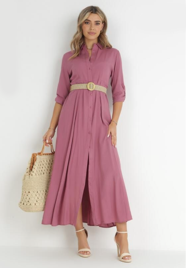 Charcoal Fashion Women Casual Dark Pink Button Through Roll Up Sleeves Maxi Shirt Dress