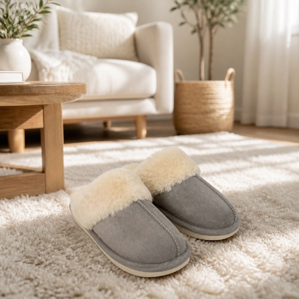 Charcoal Fashion Women’s Grey Fluffy Faux Fur Flat Slippers with Faux Fur Lining