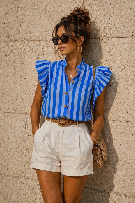 Women's Blue Vibrant Striped Sleeveless Button Through Blouse Top with Flare Shoulder