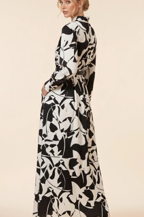 Charcoal Fashion Women's Black & White Elegant Abstract Graphic Wrap Front V Neck Long Sleeves Maxi Dress