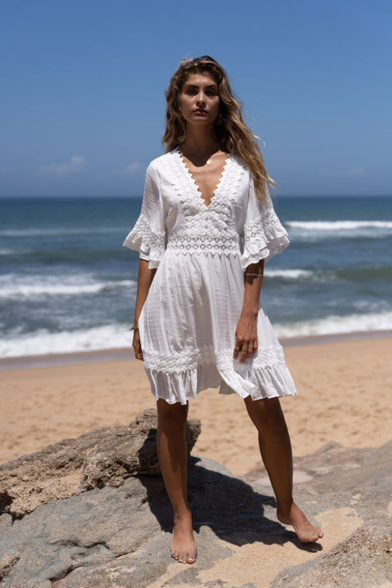 Charcoal Fashion Women's White Casual Luxury V Neck Lace Embroidery Fit & Flare Mock Midi Dress