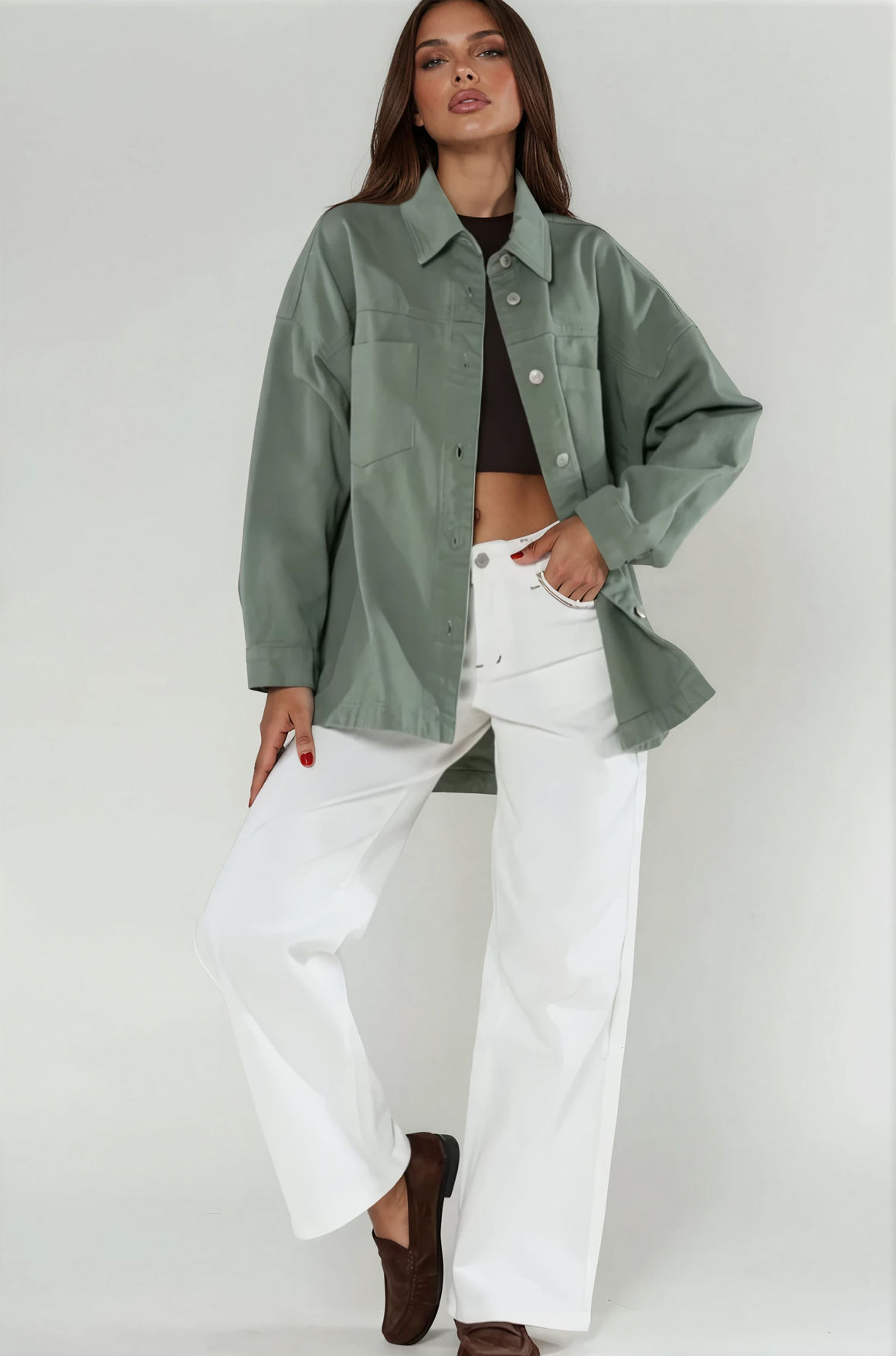 Charcoal Fashion Women's Dark Mint Casual Oversized Button Through Denim Shirt Jacket / Shacket