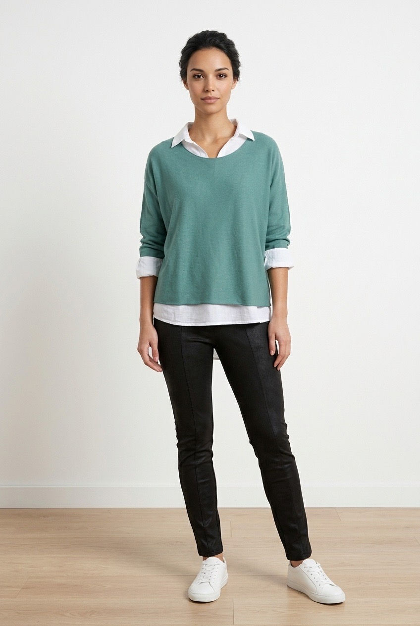 Charcoal Fashion Women's Mint Casual Relaxed Fit 2 in 1 Shirt & Soft Knit Crew Neck Jumpers / Sweaters