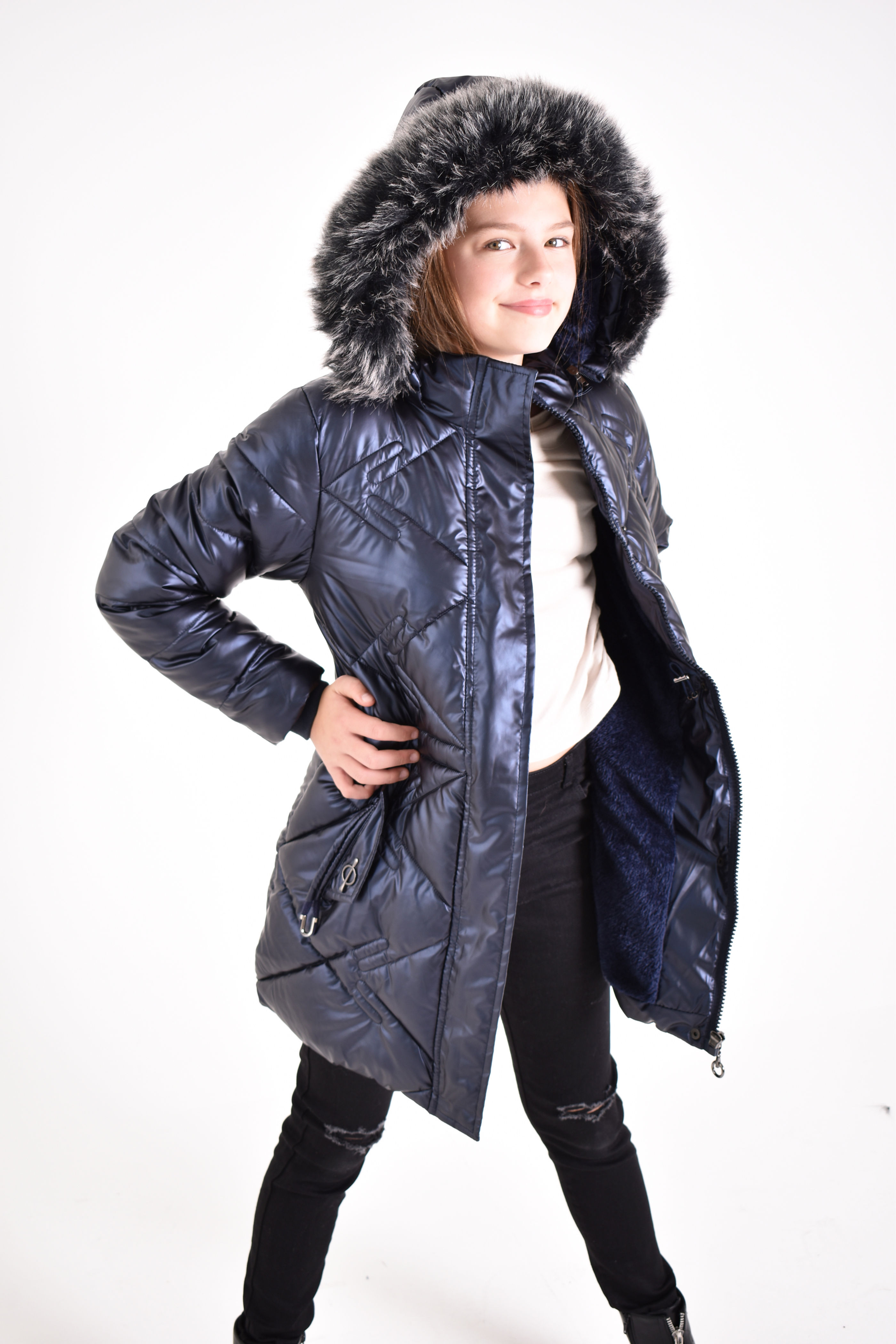 Girl's High Shine Geometric Quilted Fur Lined Puffer Coat (CFW57-NY)
