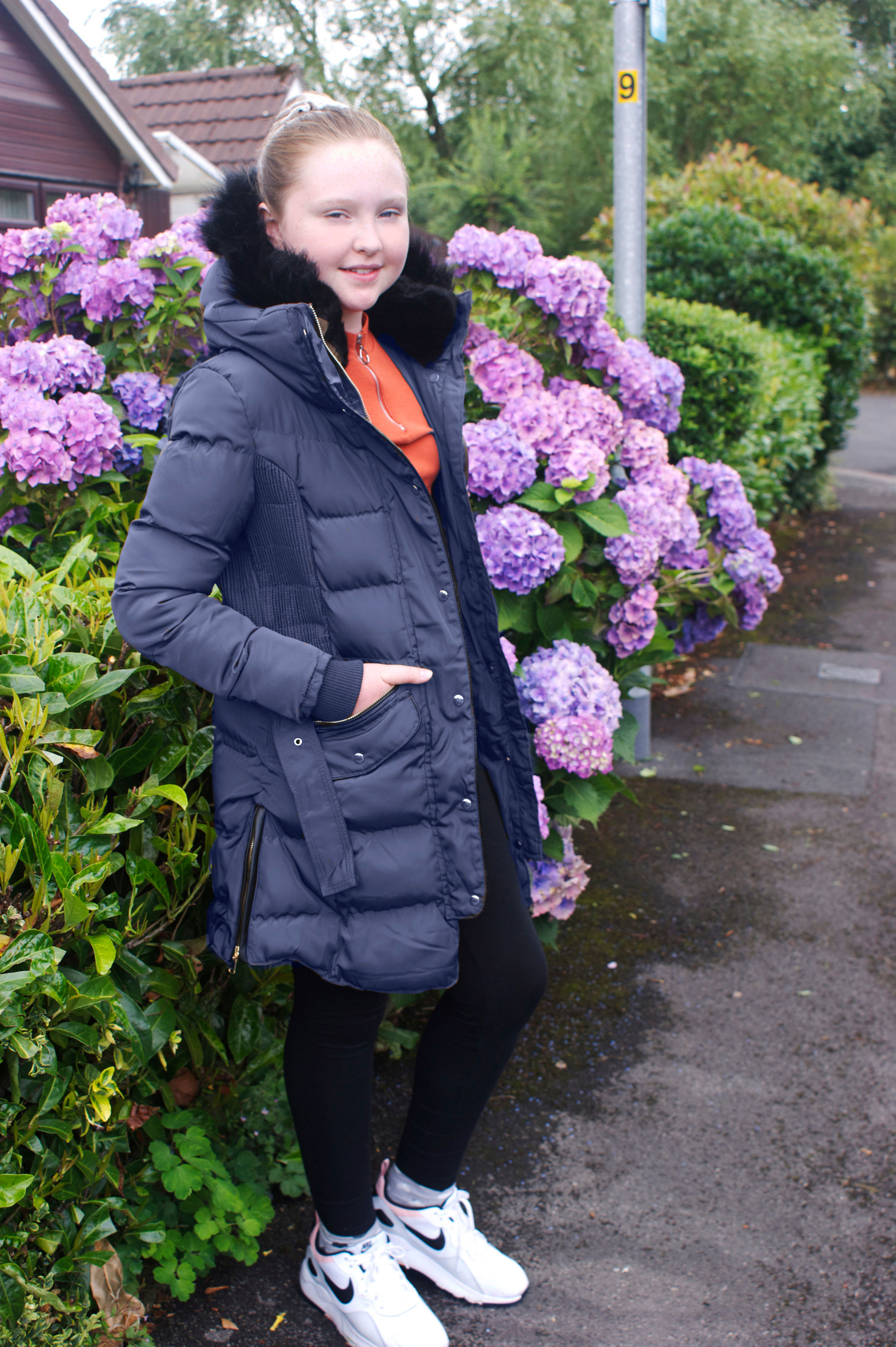 Girl's Belted Puffer Coat with Black Fur