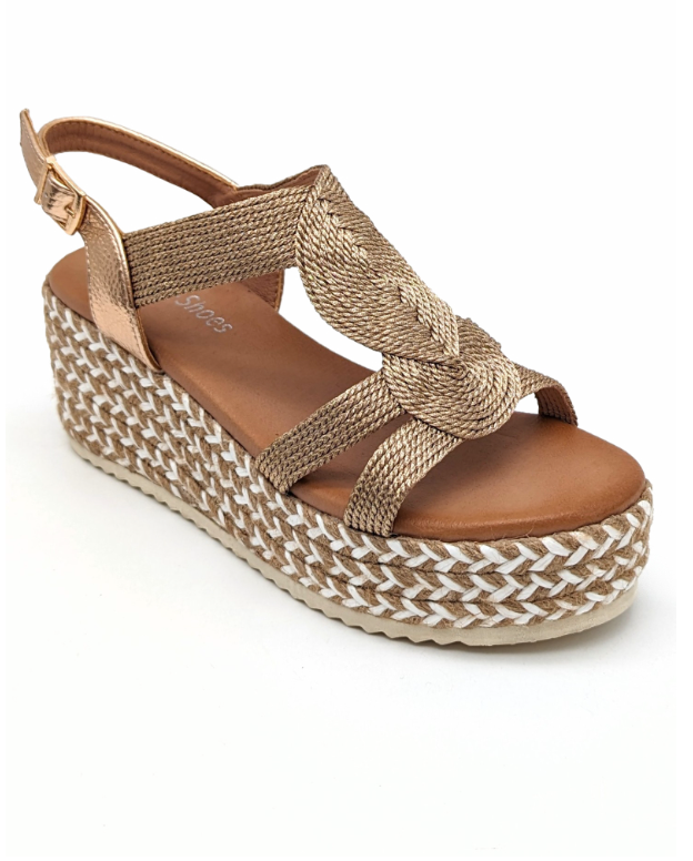 Women’s Casual Metallic Champagne Espadrille Raffia High Platform Wedge Heel Sandals