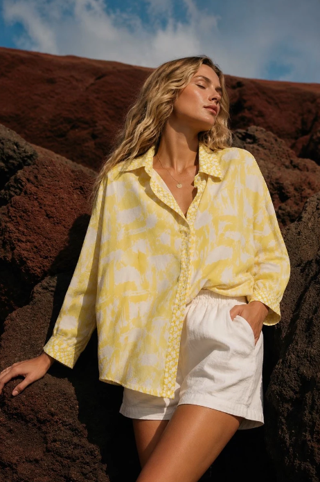 Charcoal Fashion Women's Yellow Casual Oversized Fit Vibrant Floral Button Through Long Length Shirt