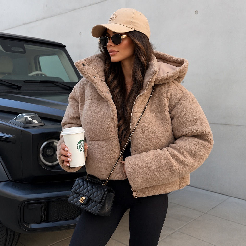 Women's Casual Oversized Fleece Quilted Padded Bomber Jacket with Hood