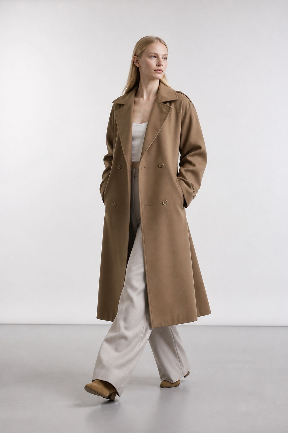 Charcoal Fashion Women's Camel Casual Oversized Maxi Length Double Breasted Wool Look Trench Coat