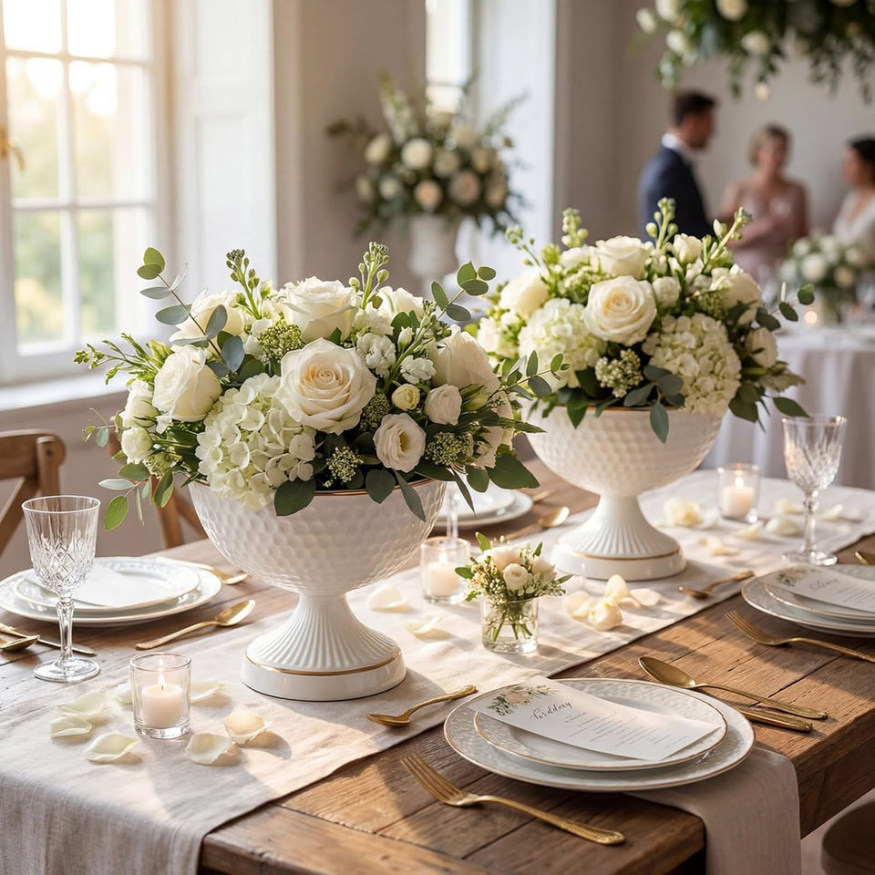Elegant white floral centerpieces on a wedding reception table
