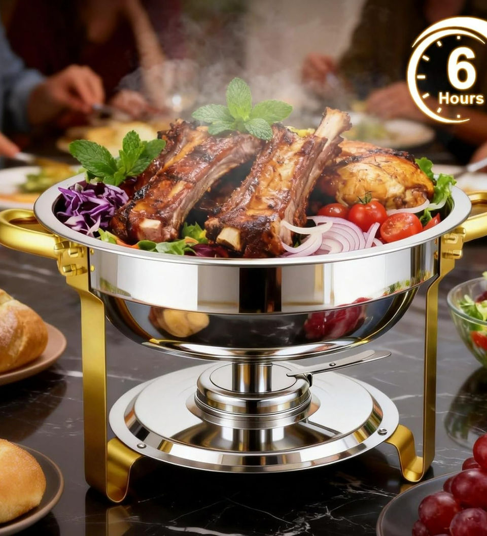 Steaming meat platter in a buffet warmer with a 6-hour icon