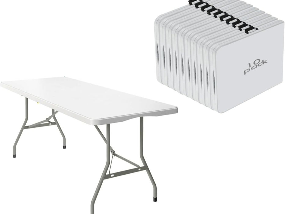 White folding table and a stack of tables