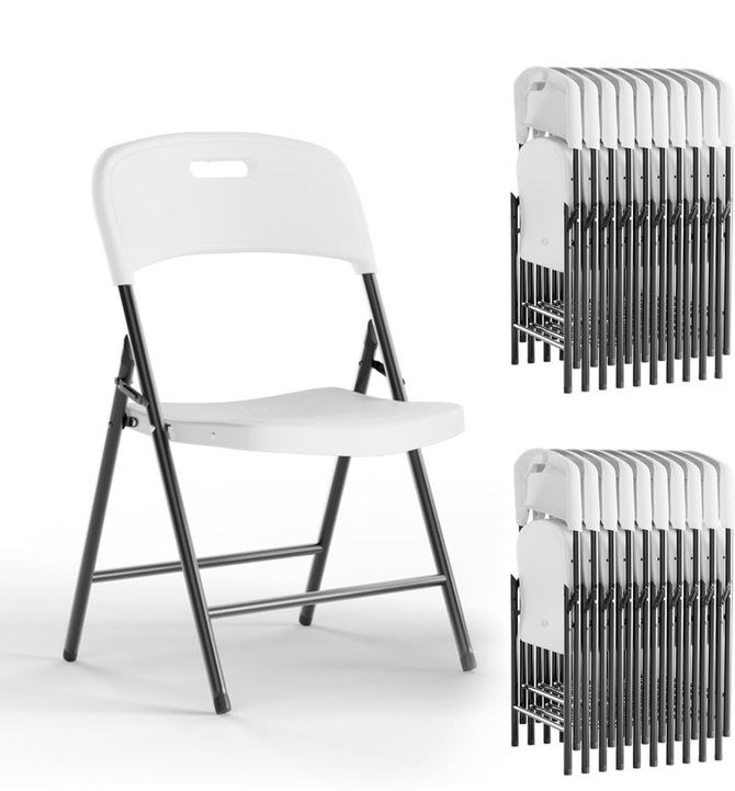 White folding chair and two stacks of folded chairs