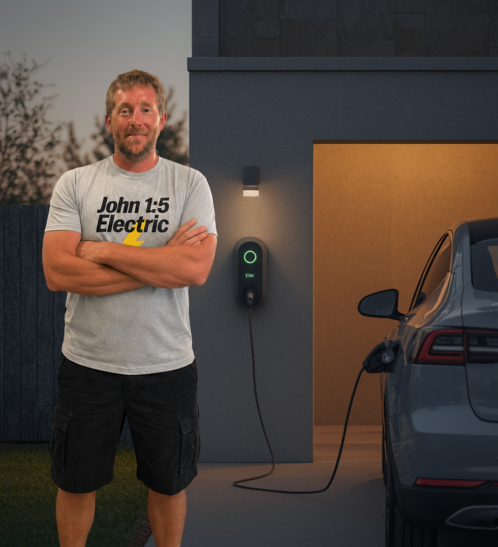 Tom Keossy of John 1:5 Electric standing in front of a home EV charger and electric vehicle in Brevard County