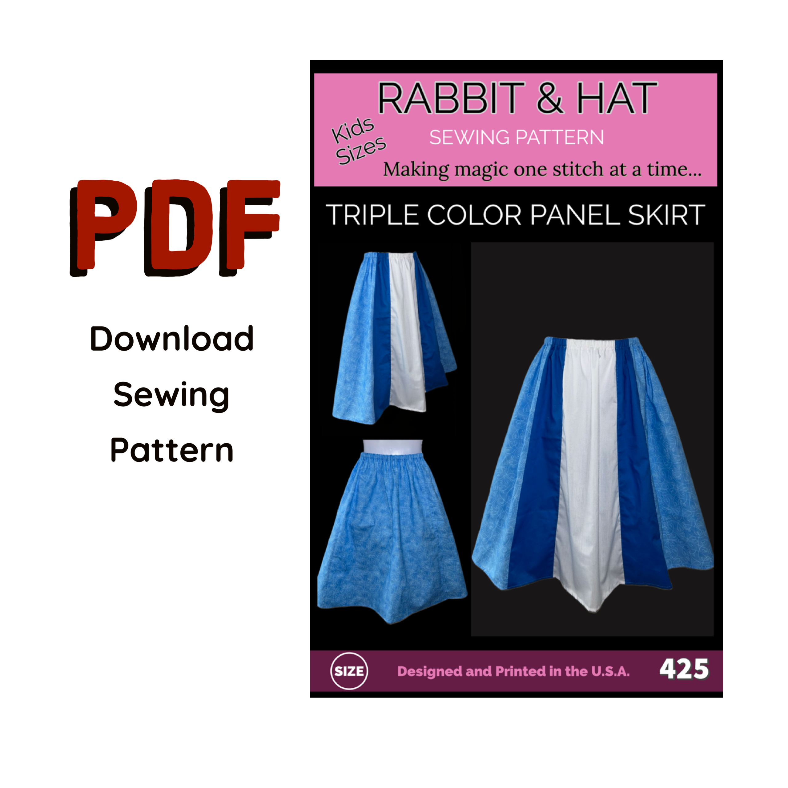 425 PDF - KIDS - Triple Color Panel Skirt - All Sizes Included
