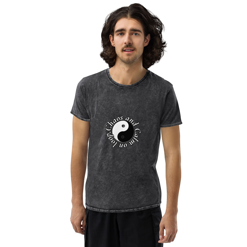 Thumbnail: Man wearing a Men's lotus denim Tee with yin yang Symbolifyy logo.
