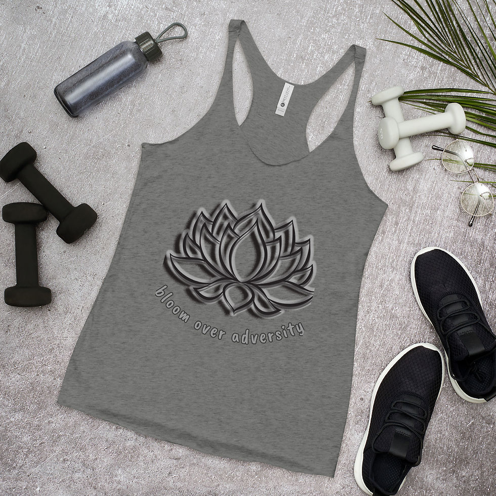 Thumbnail: lotus picture with bloom over adversity text on gray tank top