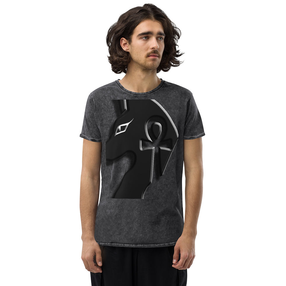 Thumbnail: Man wearing a Men's anubis denim Tee from Symbolifyy.