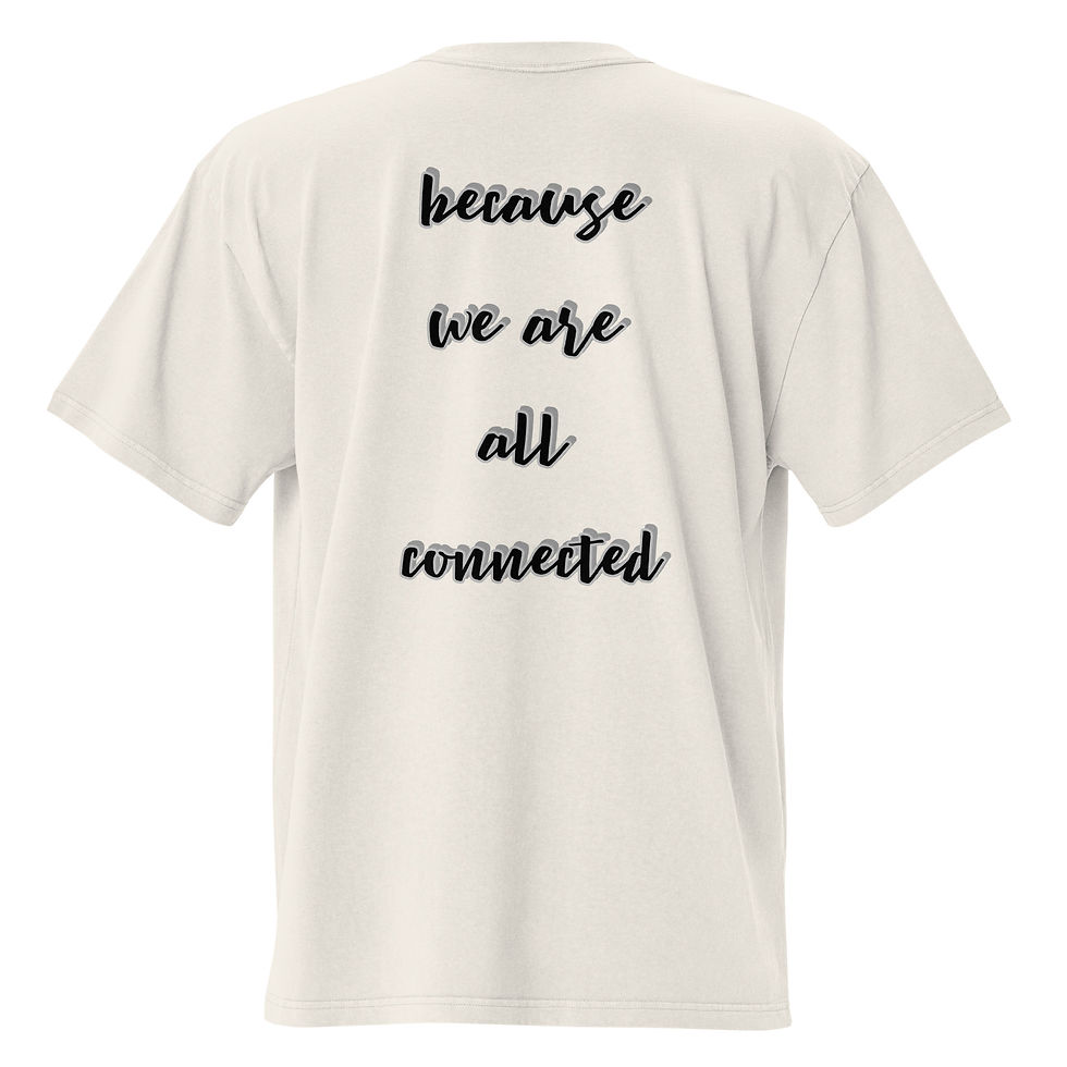 Thumbnail: "because we are all connected" text on back of the tshirt.