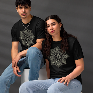 Man and woman wearing Symbolifyy's black t-shirts with om and mandala design
