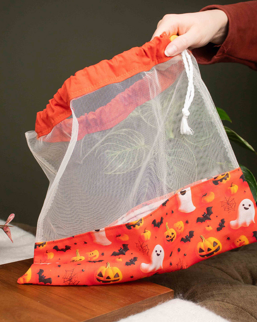 Mesh Drawstring with Ghost & Pumpkin Handmade Halloween Trick-or-Treat Bag