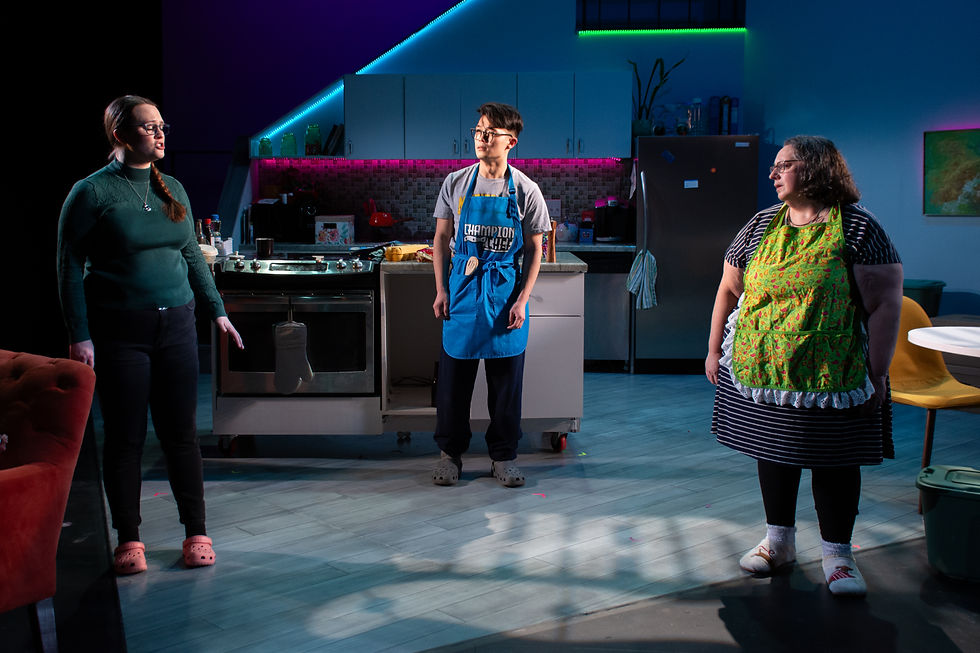 Sydney Kaser, James Lee, and Rebecca Goldberg as the Leggitt family in Hotdish, 2023