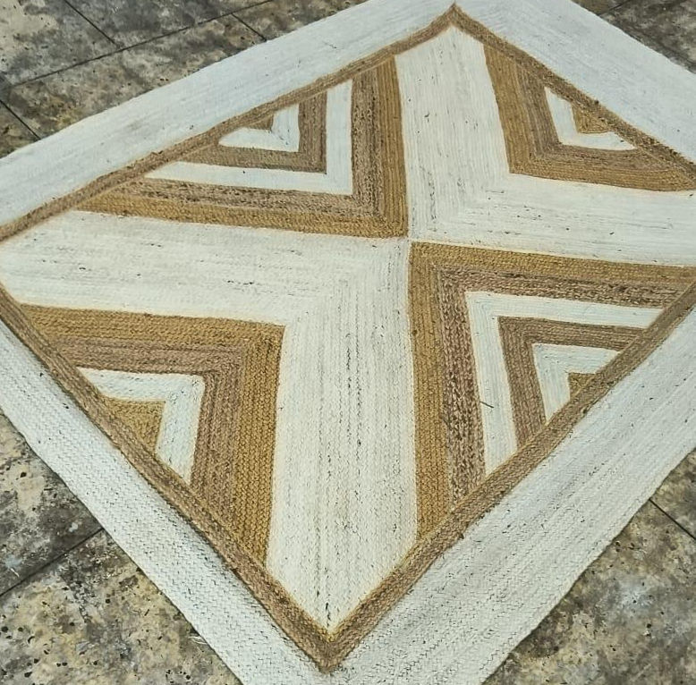 Thumbnail: Handwoven Jute Dhurrie Rug: Beige & White Geometric Chevron Design