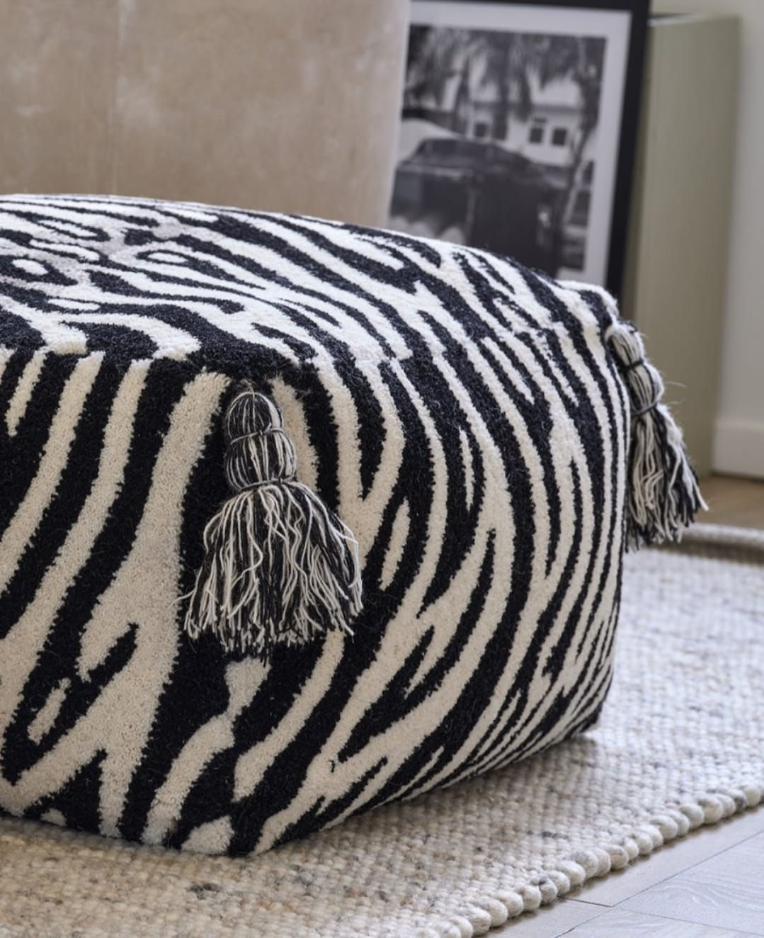 Handmade Zebra Print Pouf Ottoman - Black & Ivory Tufted Wool Blend Pouf
