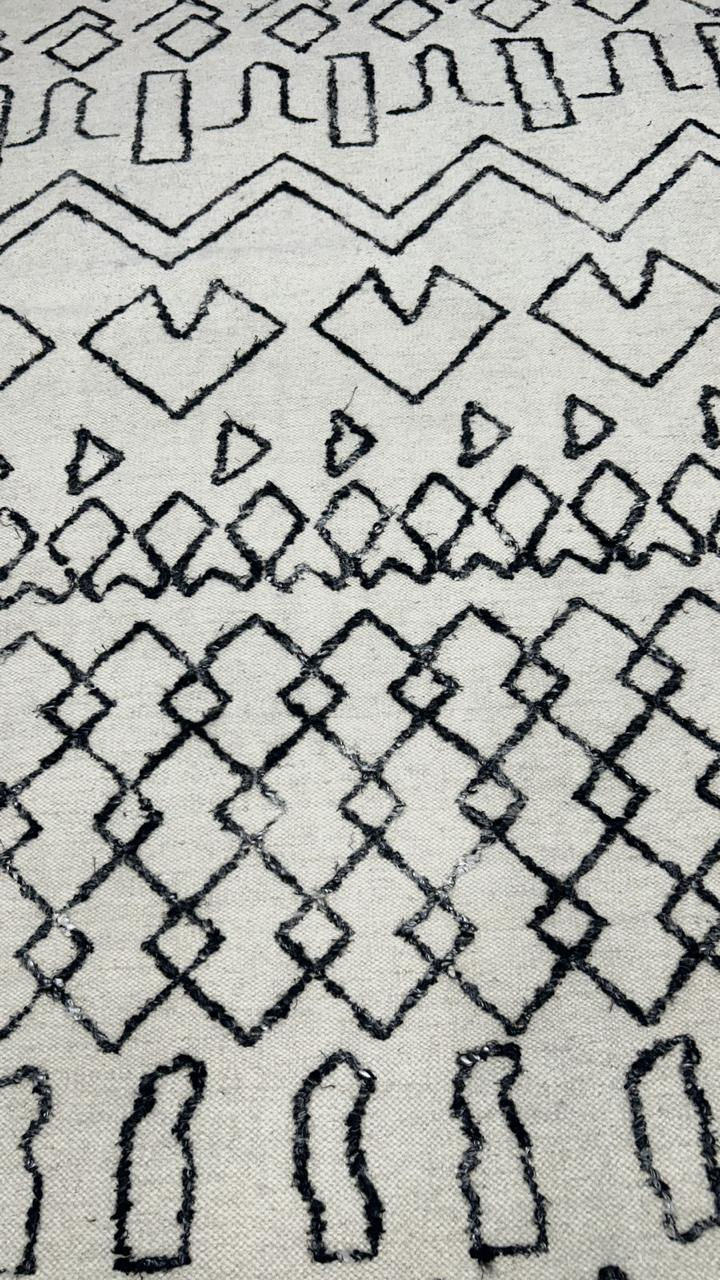 Thumbnail: Hand Woven black & white abstract Rug - Modern Geometric Dhurrie  Rug.