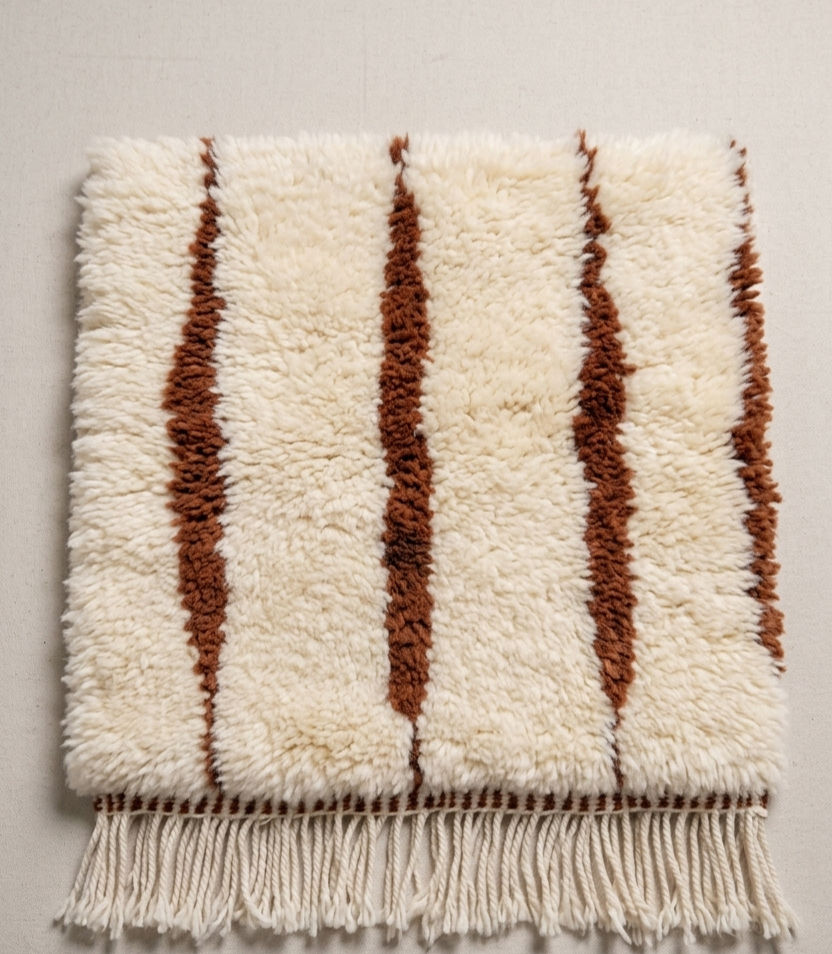 Thumbnail: Premium Hand Knotted Wool Rug, Ivory Brown Stripes, Plush Moroccan Style Carpet.