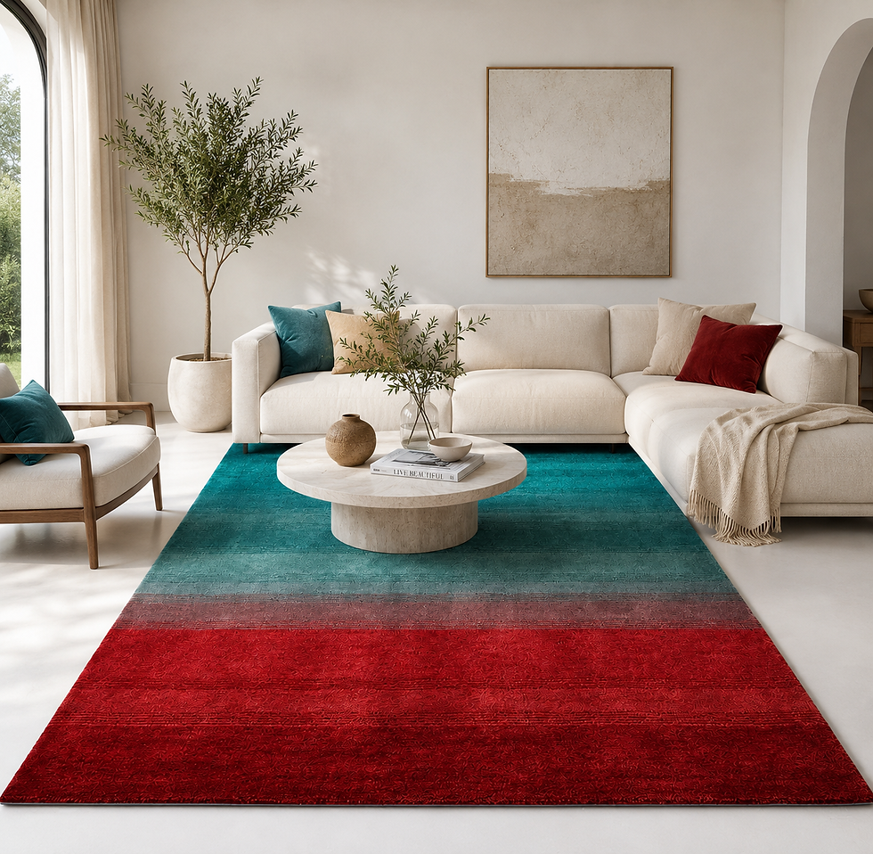 Thumbnail: Ombre Hand Tufted Wool Rug - Teal Blue to Deep Red Gradient Area Rug.