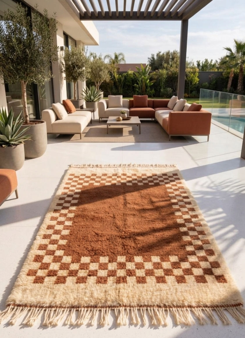 Thumbnail: Premium Hand Knotted Wool Rug, Brown Checkered Moroccan Style, High Pile Carpet