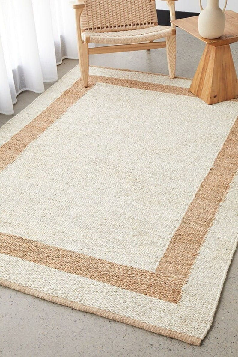 Hand Woven Jute & Cotton Dhurrie Rug - Minimalist Border Flatweave Rug.