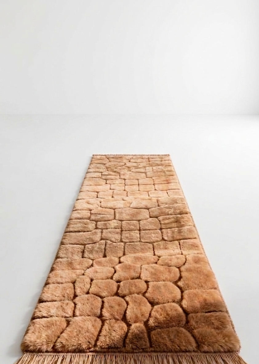 Thumbnail: Hand Knotted Wool Rug – 3D Cobblestone Texture Camel Hallway Carpet.