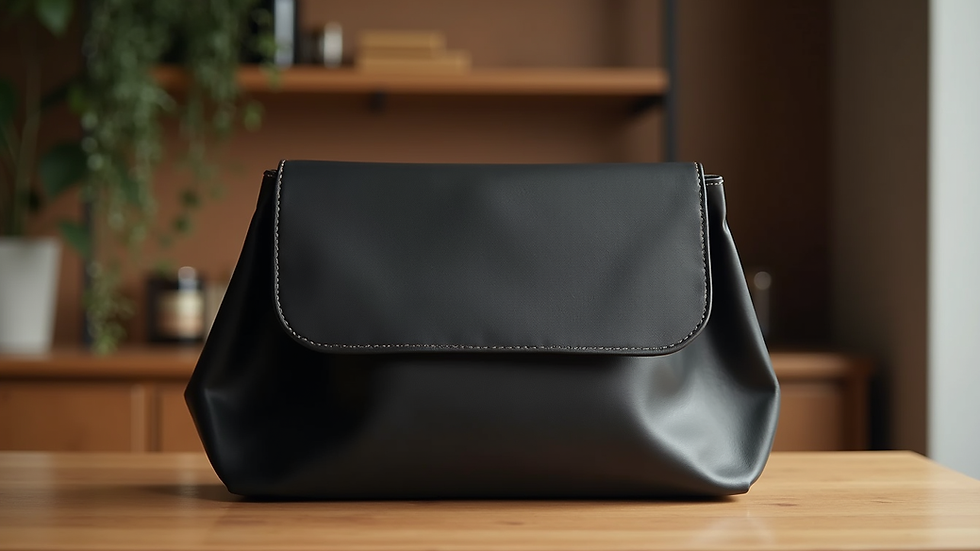 Eye-level view of a black wine clutch bag displayed on a wooden table