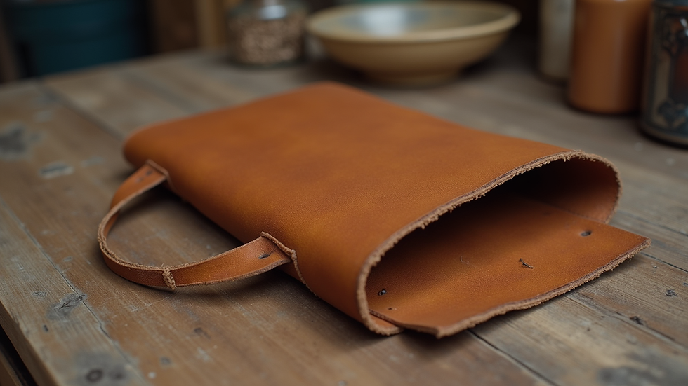 Eye-level view of vegetable tanned leather bag drying on a wooden surface