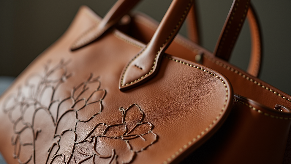 Close-up view of a leather tote bag with embossed floral design