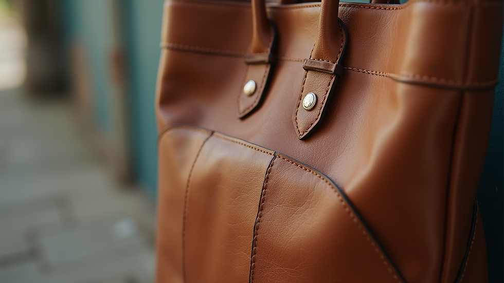 Close-up view of a brown leather tote bag with decorative stitching