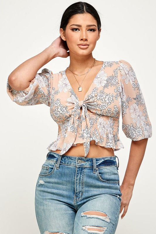 Thumbnail: Floral Front Knot Ruffle Hem Long Sleeve Top
