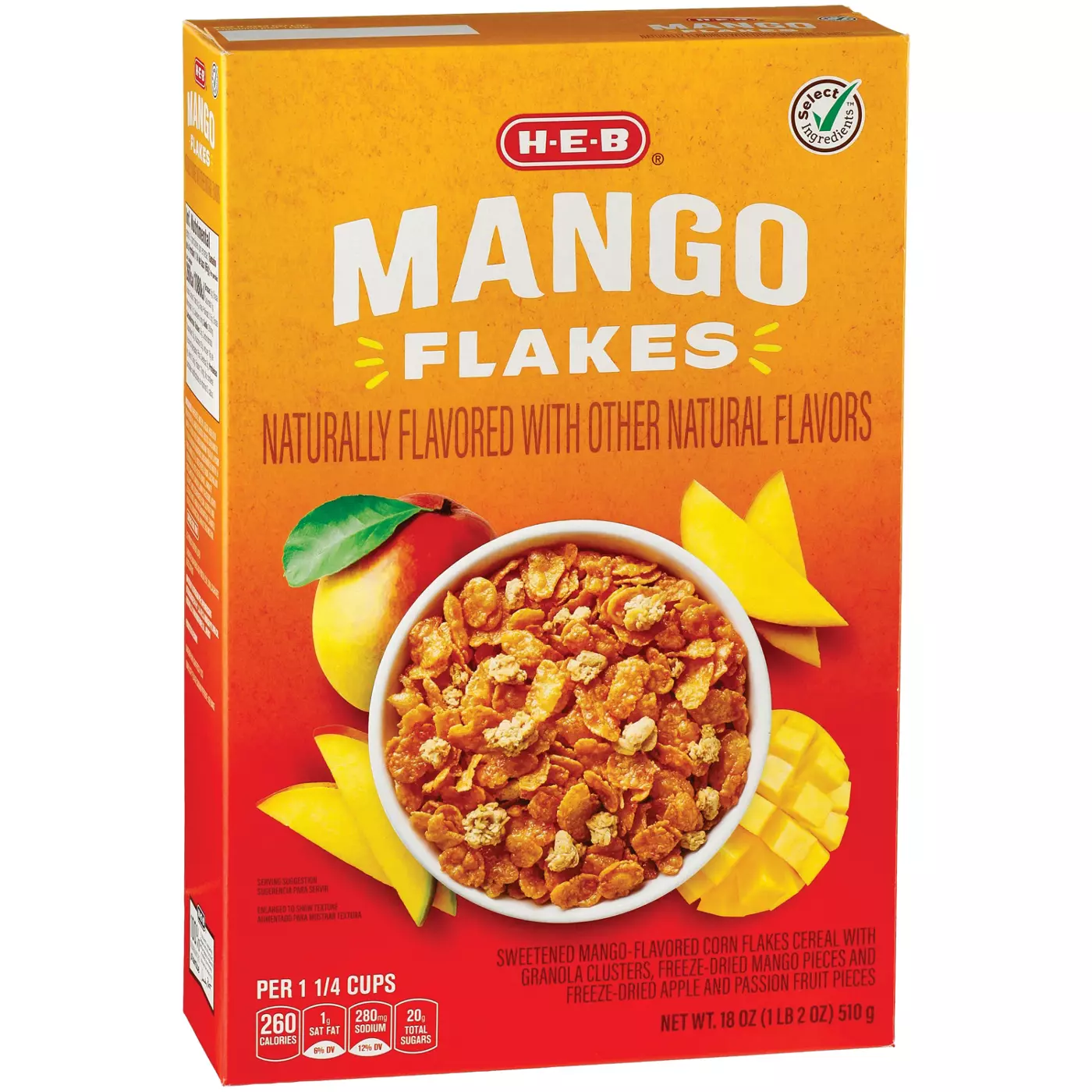 HEB Select Ingredients Mango Corn Flakes Cereal in orange box