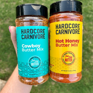 Hardcore Carnivore new spice mixes in plastic containers - bright colors, cowboy butter mix and hot honey butter mix