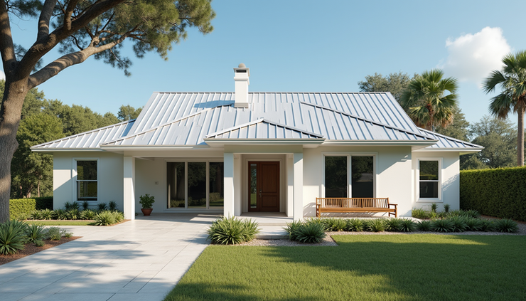Eye-level view of a newly installed metal roof on a coastal home in Gulfport