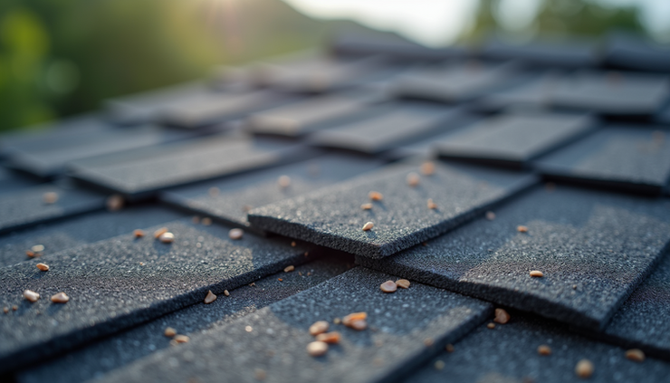 Close-up view of worn asphalt shingles with granule loss on a Gulf Coast roof