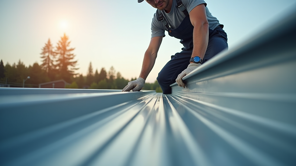 Eye-level view of a roofer inspecting metal standing seam roof panels