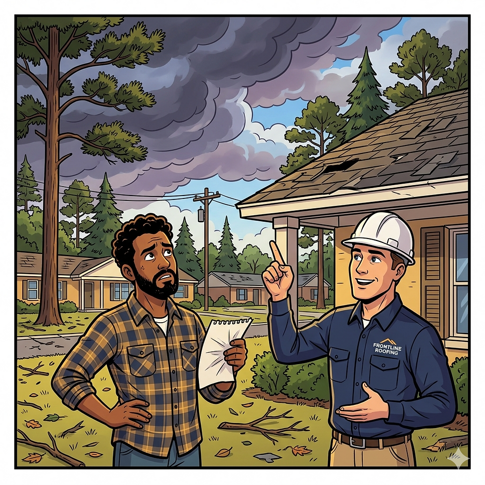 South Mississippi homeowner and Frontline Roofing field claims specialist assessing roof storm damage together after severe weather